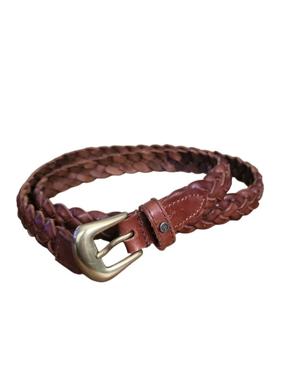 Vintage Etienne Aigner Cognac Brown Braid Solid Brass Horseshoe Buckle Belt M/